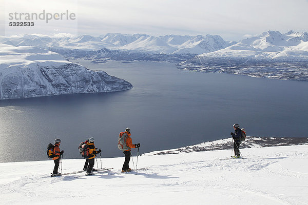 Skitourengruppe  Schnee  Fjord  Lyngenalps  Norwegen  Europa