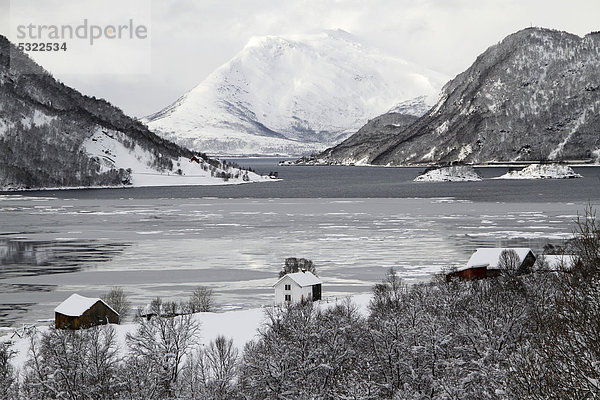 Winterlandschaft  Schnee  Berge  Fjord  Eis  Region Troms  Norwegen  Europa