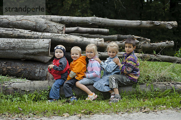 5 Kinder  2 bis 6 Jahre  sitzen dem Alter nach hintereinander auf einem Baumstamm im Wald