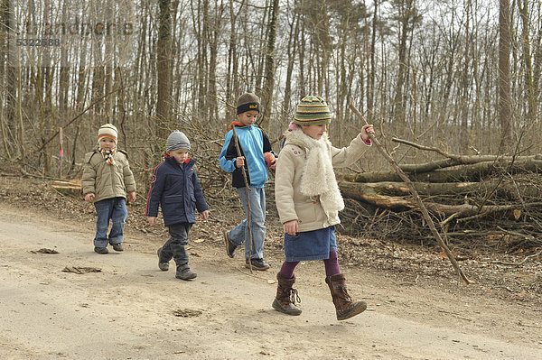 Kinder  3 bis 7 Jahre  wandern mit Stöcken im Wald im Frühling