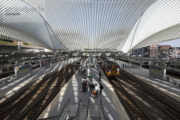 Bahnsteig auf dem Bahnhof Gare de LiËge-Guillemins von Architekt Santiago Calatrava  Lüttich oder LiËge oder Luik  Wallonie oder Wallonien  Belgien  Europa