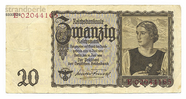 Vorderseite  Reichsbanknote  20 RM  Reichsmark  1939  Deutschland  Europa