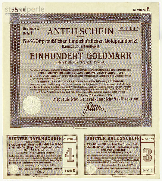 Historische Aktie  Anteilschein  5  5%iger Ostpreußischer landwirtschaftlicher Goldpfandbrief  Liquidationspfandbrief über 100 Goldmark  1935  Deutschland  Europa