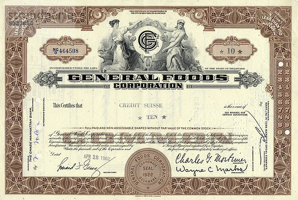 Historische Aktie  Inhaber ist Credit suisse  General Foods Corporation  Delaware  USA  1962