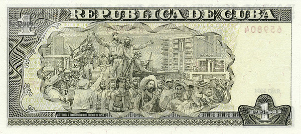 Banknote aus Kuba  2004  Rückseite  1 peso  CUP  Fidel Castro und Rebellen betreten Havanna  1959