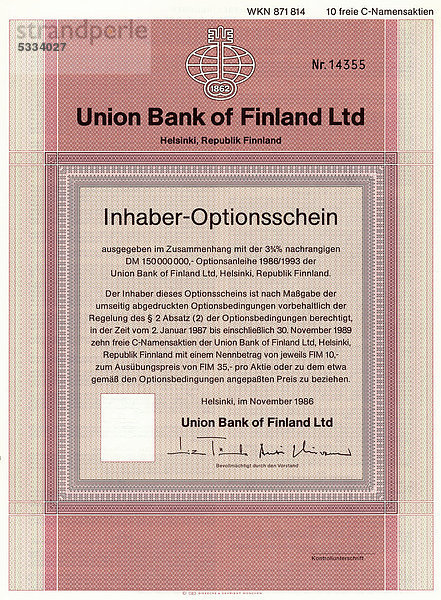Inhaber-Optionsschein für Aktien der Union Bank of Finland Limited  Helsinki  Finnland  1986