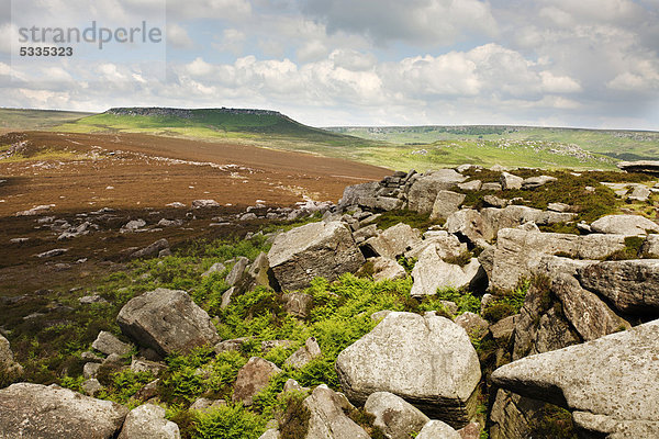 Hathersage Moor mit Higger Tor und Carl Wark hinten  Peak District National Park  Derbyshire  England  Großbritannien  Europa