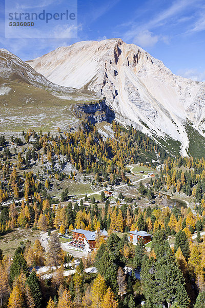 Im Naturpark Fanes - Sennes im Hochpustertal oberhalb von Pederü  Dolomiten  hinten die Eisgabelspitz und die Faneshütte  Südtirol  Italien  Europa