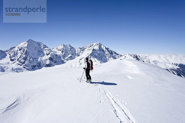 Skitourengeher beim Aufstieg zur hinteren Schöntaufspitze  hinten die Königsspitze  der Ortler und der Zebru  Sulden im Winter  Südtirol  Italien  Europa