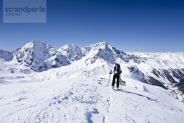 Skitourengeher beim Aufstieg zur hinteren Schöntaufspitze  Sulden  im Winter  hinten die Königsspitze  der Ortler und der Zebru  Südtirol  Italien  Europa