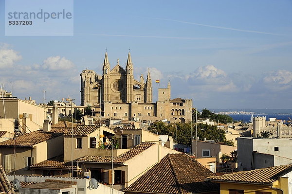 Kathedrale La Seu hinter Häusern in der Altstadt  Ciutat Antiga  Palma de Mallorca  Mallorca  Balearen  Mittelmeer  Spanien  Europa