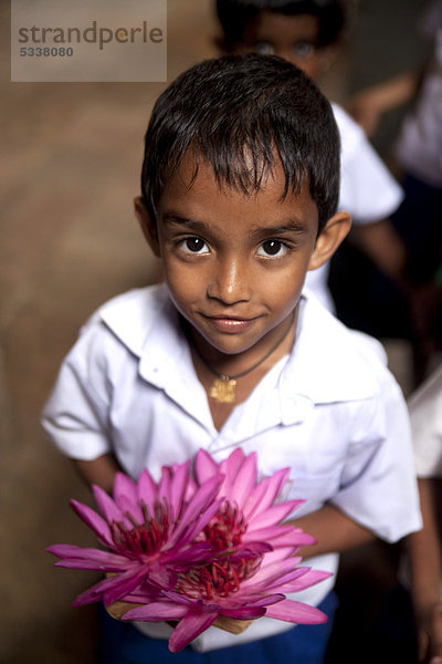 Kleiner Junge mit pinken Seerosenblüten im Zahntempel Sri Dalada Maligawa  Kandy  Sri Lanka  Asien