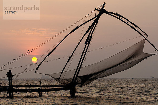 Chinesisches Fischernetz  Meerenge bei Fort Kochi  Kerala  Südindien  Indien  Asien