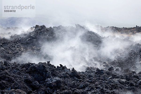Nach einem Regenguss dampft der noch warme Lavastrom von einem Ausbruch des Vulkan Piton de la Fournaise im Jahr 2007 bei Piton Sainte-Rose  Insel La Reunion  Indischer Ozean
