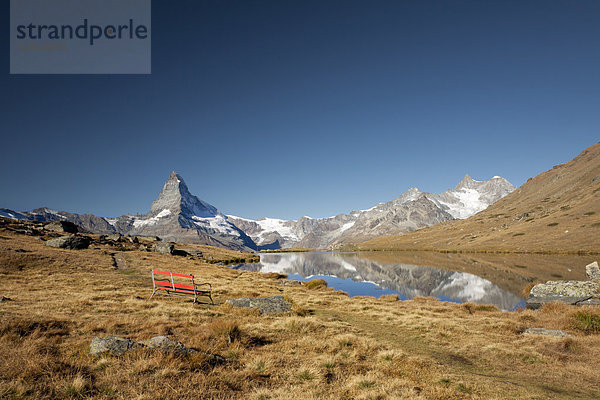Europa See Sitzbank Bank Matterhorn Ansicht Schweiz Zermatt Kanton Wallis