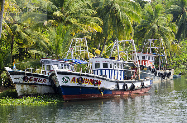 Boote im Altwasser von Kerala  Indien  Asien