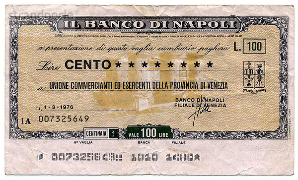 Il Banco di Napoli  Neapel  Miniassegno  italienische Bankanweisung  Geldanweisung  Kleinscheck mit niedrigen Werten  eine Art Notgeld aus Papier  100 Lire  1976  Italien  Europa
