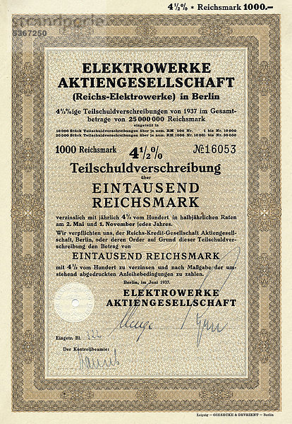 Historische Aktie  Elektrowerke Aktiengesellschaft in Berlin  EWAG  auch Reichs-Elektrowerke genannt  Energieversorgungskonzern  Teilschuldverschreibung über 1000 Reichsmark  1937  Deutschland  Europa