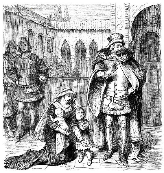 Agnes de Castro  1325 - 1355  Königin von Portugal  kniet vor König Alfonso IV  historischer Stich aus dem Buch denkwürdiger Frauen  Verlag Otto Spamer  1877