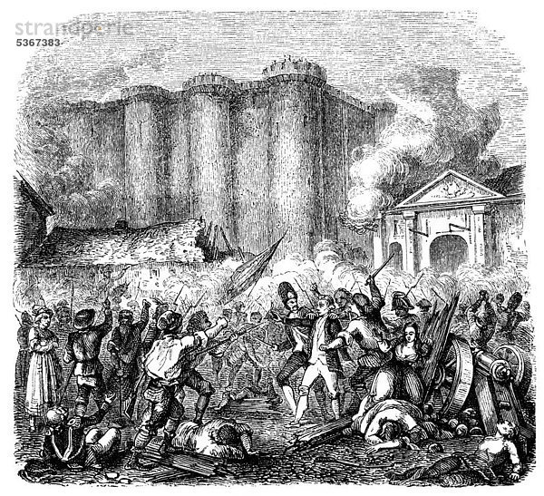 Der Sturm auf die Bastille  1789  symbolischer Auftakt der Französischen Revolution  historischer Stich aus dem Buch denkwürdiger Frauen  Verlag Otto Spamer  1877