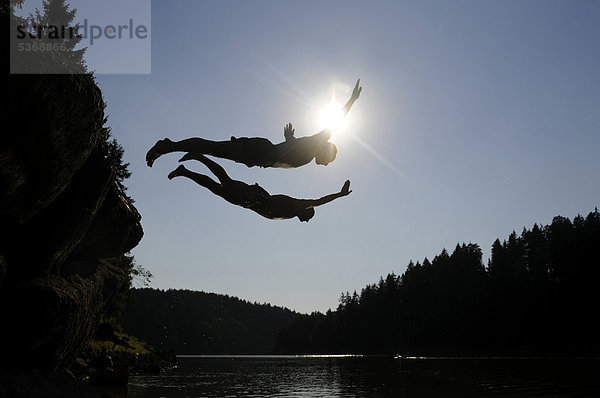 Zwei Männer beim Kopfsprung von einer Felsklippe im Gegenlicht  Kamp  Stausee Ottenstein  Rastenfeld  Niederösterreich  Österreich  Europa