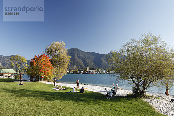 Rottach-Egern mit Wallberg  Strand auf Halbinsel Point in Tegernsee  Tegernsee  Oberbayern  Bayern  Deutschland  Europa  ÖffentlicherGrund