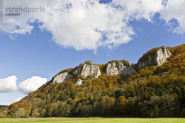 Ypsilonfels  Wagenburgfels  Adlerfels und Alte Hausener Wand von links  Kalksteinfelsen bei Hausen im Tal  Naturpark Obere Donau  Landkreis Sigmaringen  Baden-Württemberg  Deutschland  Europa