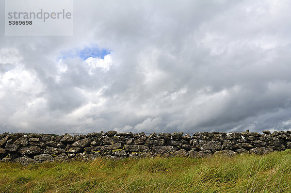 Trockenmauer mit Regenwolken in Dartmoor  Devon  England  Großbritannien  Europa