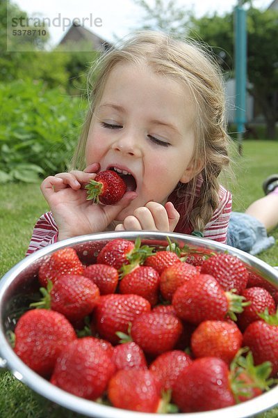 Ein Mädchen mit Erdbeeren in einem Sieb