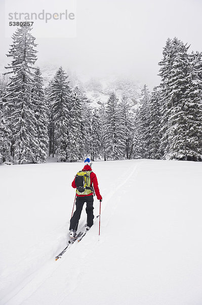 Junger Mann beim Telemark-Skifahren im Bergwald Herzogstand