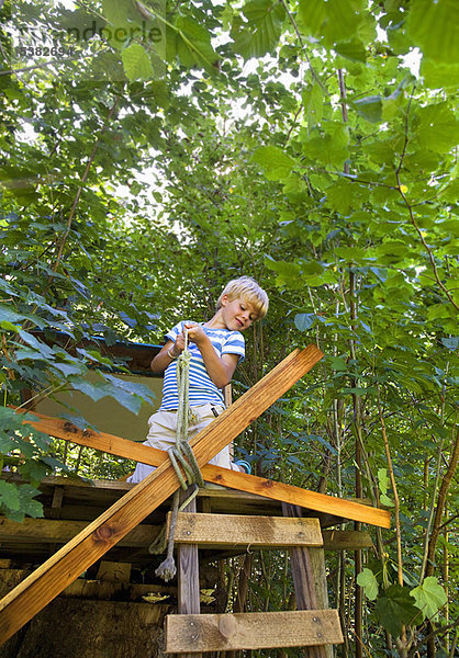 Junge bindet Seil an Baumhaus