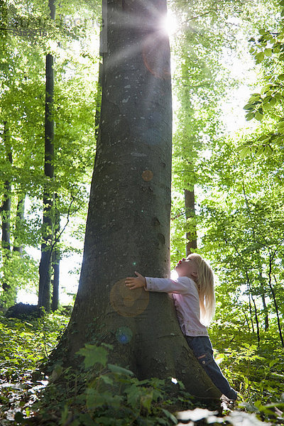 Mädchen umarmender Baum im Wald