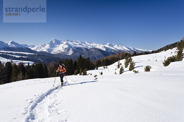Skitourengeher beim Aufstieg zur Cima Bocche oberhalb vom Passo Valles  Dolomiten  hinten der Colbricon und die Lagoraigruppe  daneben der Passo Rolle  Trentino  Italien  Europa