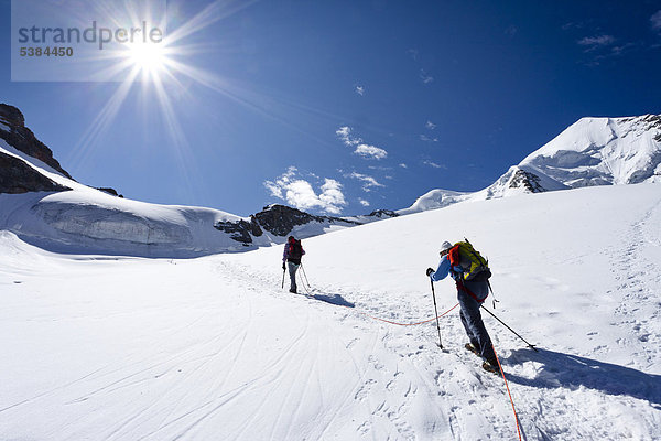 Bergsteiger beim Aufstieg zum Piz Palü  hinten der Gipfel des Piz Palü  Graubünden  Schweiz  Europa