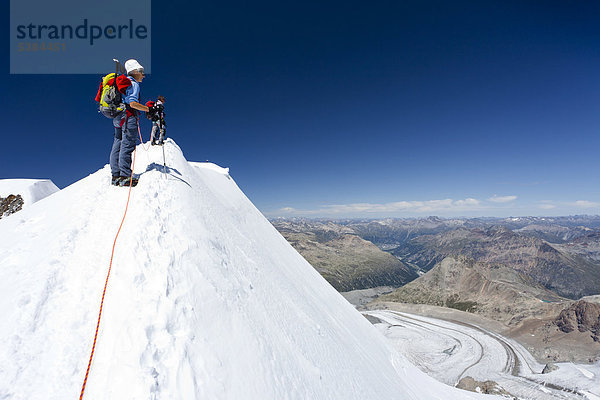 Bergsteiger auf dem Gipfelgrat  Aufstieg zum Piz Palü  hinten der Gipfel des Piz Palü  unten der Persgletscher  Graubünden  Schweiz  Europa