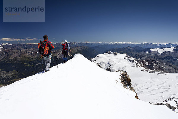 Bergsteiger auf dem Gipfelgrat  beim Abstieg vom Piz Palü  Graubünden  Schweiz  Europa