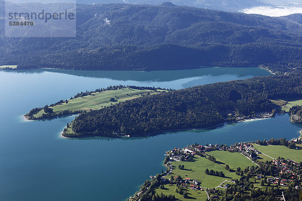 Halbinsel Zwergern  See und Ort Walchensee  Blick vom Herzogstand  Oberbayern  Bayern  Deutschland  Europa  ÖffentlicherGrund