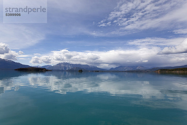 Wolken spiegeln sich im ruhigen Atlin Lake See  hinten Berge  Tagish Highland  British Columbia  Kanada  Amerika