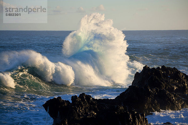 Porto Moniz  Portugal  Europa  Madeira  Küste  Meer  Atlantik  Wasser  Wellen  Schaum  Element  natürliche Kraft  Energie  Fels  Klippe  Lava Stein