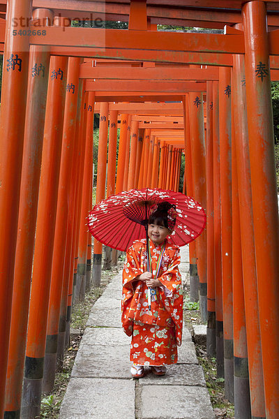 Tokyo  City  Japan  November  Asien  Sichi gehen San  Festival  Kind  Kimono  rot  Papier  Regenschirm  Schrein  Tori  Torbögen  Porträt  Girl  Tokio
