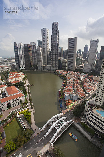 Skyline Skylines Wohnhaus Kontrast Gebäude Erhöhte Ansicht Aufsicht Hochhaus fließen Fluss sehen blicken Asien Ortsteil Singapur