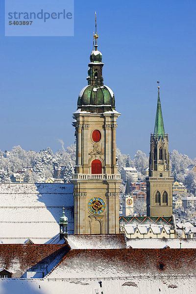 Europa Winter Stadt Großstadt Kirche Klosterkirche Schnee Schweiz