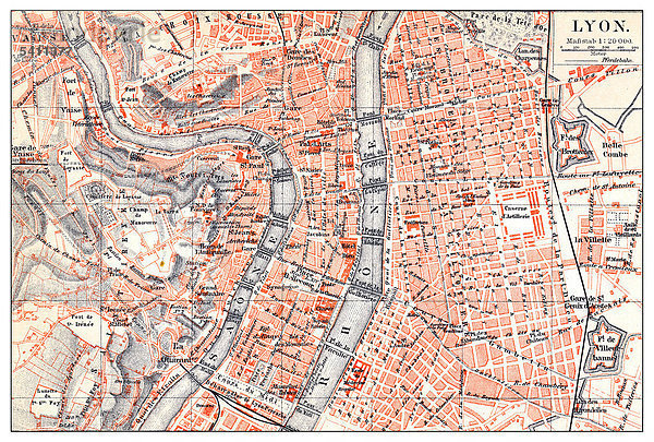 Historischer Stadtplan von Lyon  Frankreich  19. Jahrhundert  aus Meyers Konversations-Lexikon von 1890