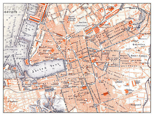 Historischer Stadtplan von Marseille  Frankreich  19. Jahrhundert  aus Meyers Konversations-Lexikon von 1890