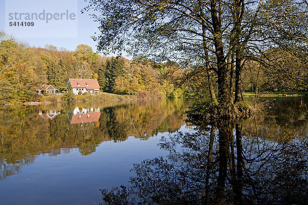 Fachwerkhaus spiegelt sich im See  Teutoburger Wald  Horn-Bad Meinberg  Nordrhein-Westfalen  Deutschland  Europa