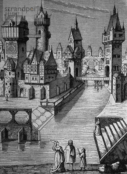 Ideal des Stadtbildes im 14. Jahrhundert  Holzschnitt 1888