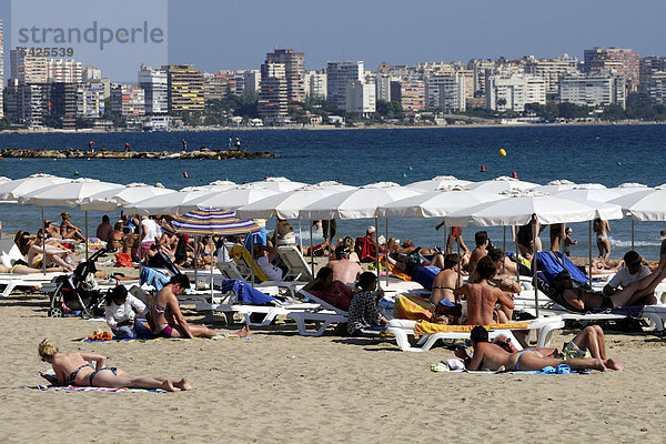 Badegäste beim Sonnenbaden am Strand  Playa del Postiguet  Alicante  Costa Blanca  Spanien  Europa