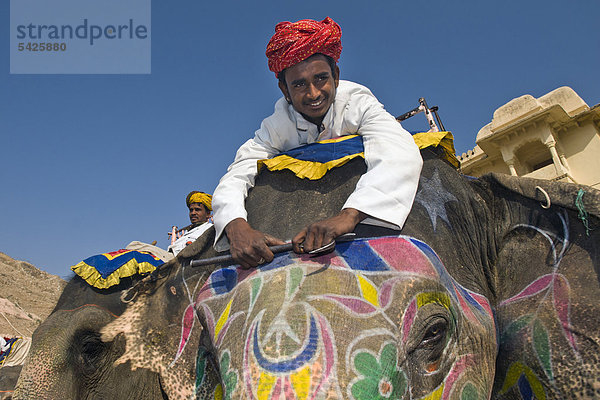 Mahut oder Elefantenführer auf bemaltem Elefant  Festung von Amber oder Amber Fort  Jaipur  Rajasthan  Indien  Asien