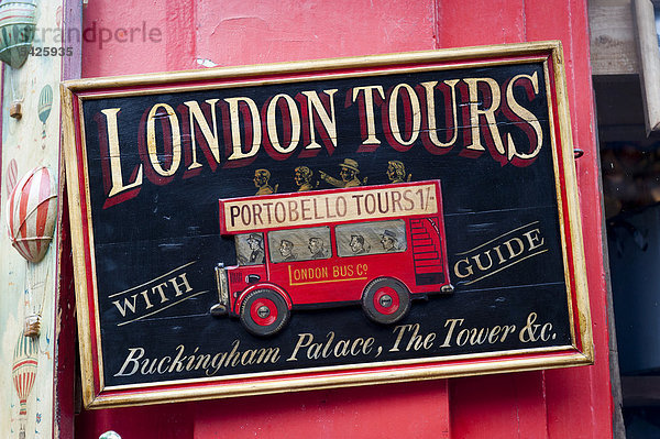 Altes Schild 'London Tours'  Antiquitäten-Laden  Portobello Road  Notting Hill  London  England  Großbritannien  Europa