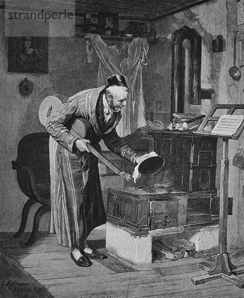 Junggeselle in seiner Wohnung  Holzstich  1880